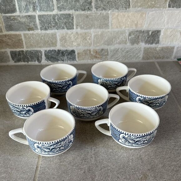 7 Currier & Ives Blue Coffee Tea Cup Mug Horse & Carriage - Picture 1 of 4